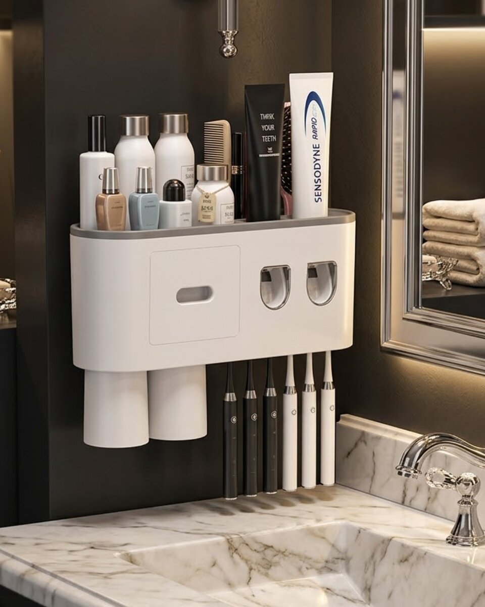 Çift Dispenserli Diş Macunu Sıkacağı 6 Fırçalık Bardaklı Banyo Organizer Çift Dispenserli Diş Macunu Sıkacağı 6 Fırçalık Bardaklı Banyo Organizer