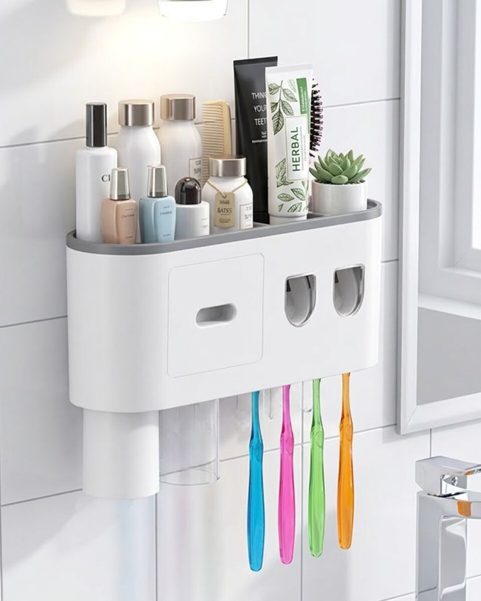 Banyo Organizer Diş Fırçası Tutucu Çift Dispenserli Raflı Çekmeceli