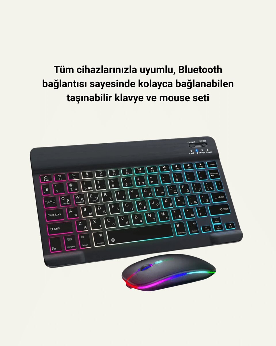 RGB Aydınlatmalı Şarjlı Kablosuz Klavye ve Mouse Seti – Modern ve Kompakt Tasarım RGB Aydınlatmalı Şarjlı Kablosuz Klavye ve Mouse Seti – Modern ve Kompakt Tasarım