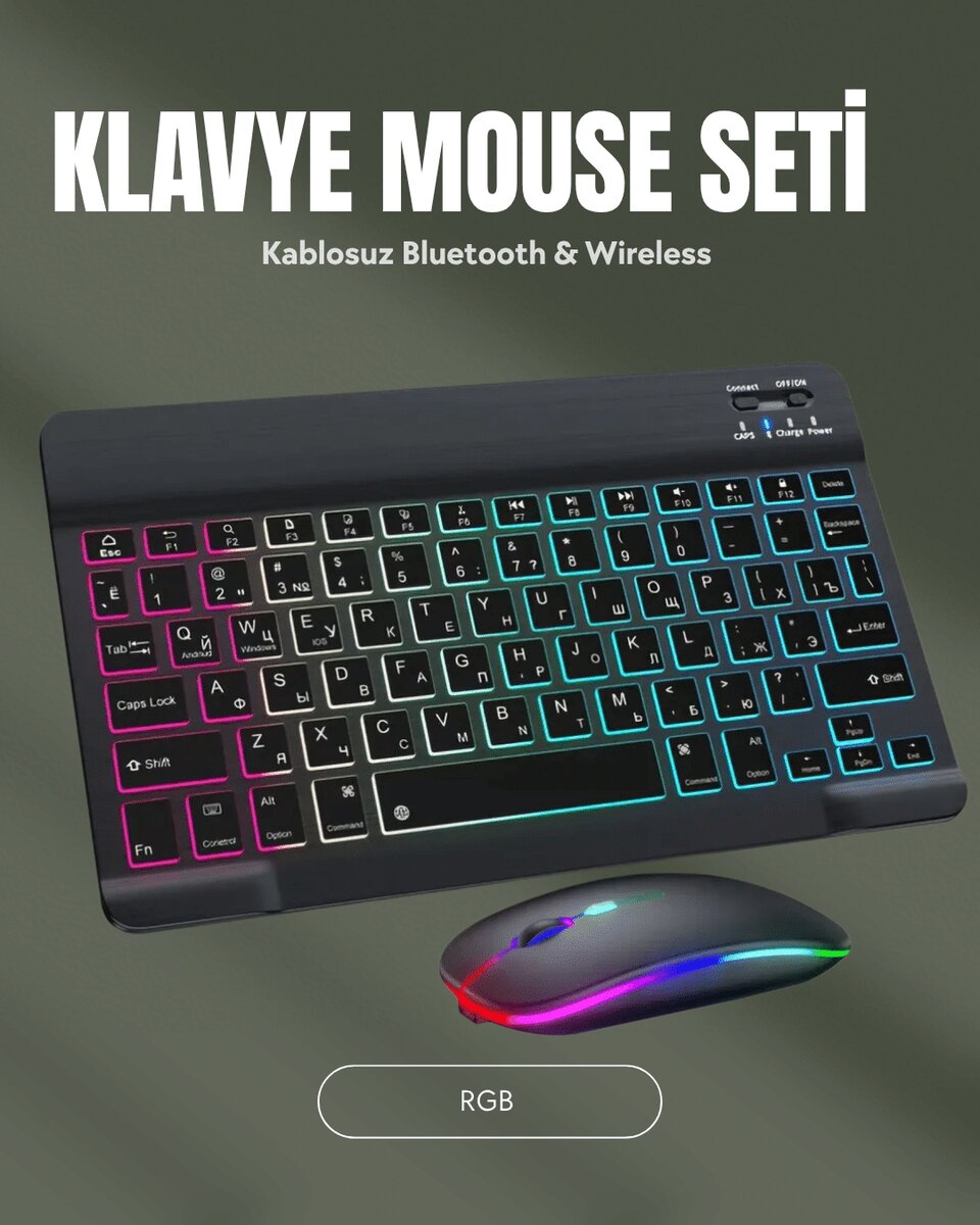 RGB Aydınlatmalı Şarjlı Kablosuz Klavye ve Mouse Seti – Modern ve Kompakt Tasarım RGB Aydınlatmalı Şarjlı Kablosuz Klavye ve Mouse Seti – Modern ve Kompakt Tasarım