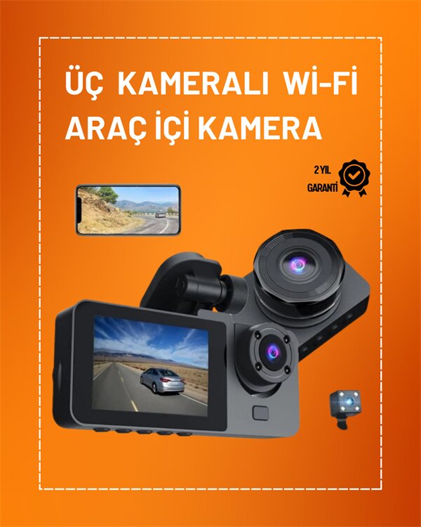 Full HD Çözünürlüklü Üç Kameralı Araç İçi Kamera – Park ve Sürüş Güvenliği Full HD Çözünürlüklü Üç Kameralı Araç İçi Kamera – Park ve Sürüş Güvenliği