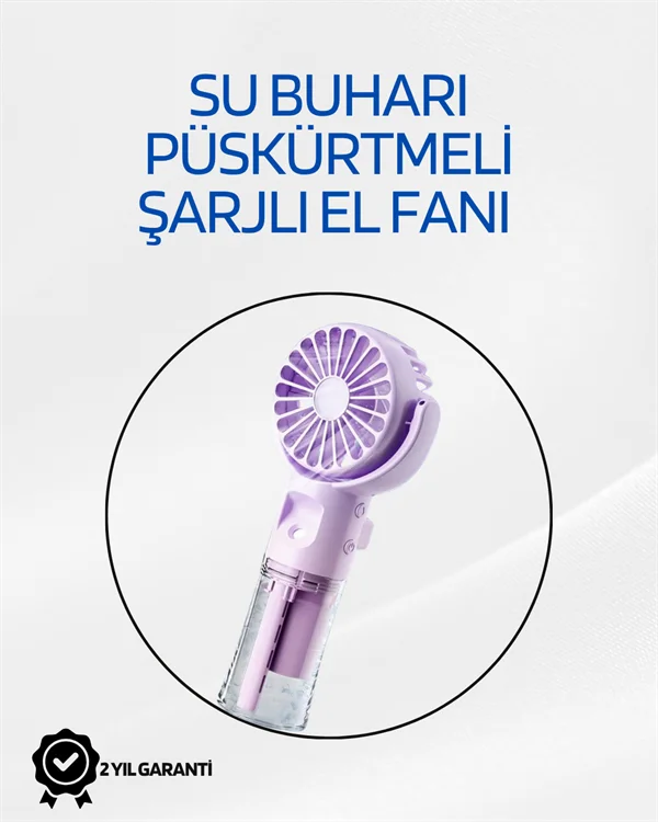 Taşınabilir Şarjlı Su Sisi Püskürtmeli Mini El Fanı – 4 Hız Ayarı, Tip-C Şarjlı, Sessiz Motor