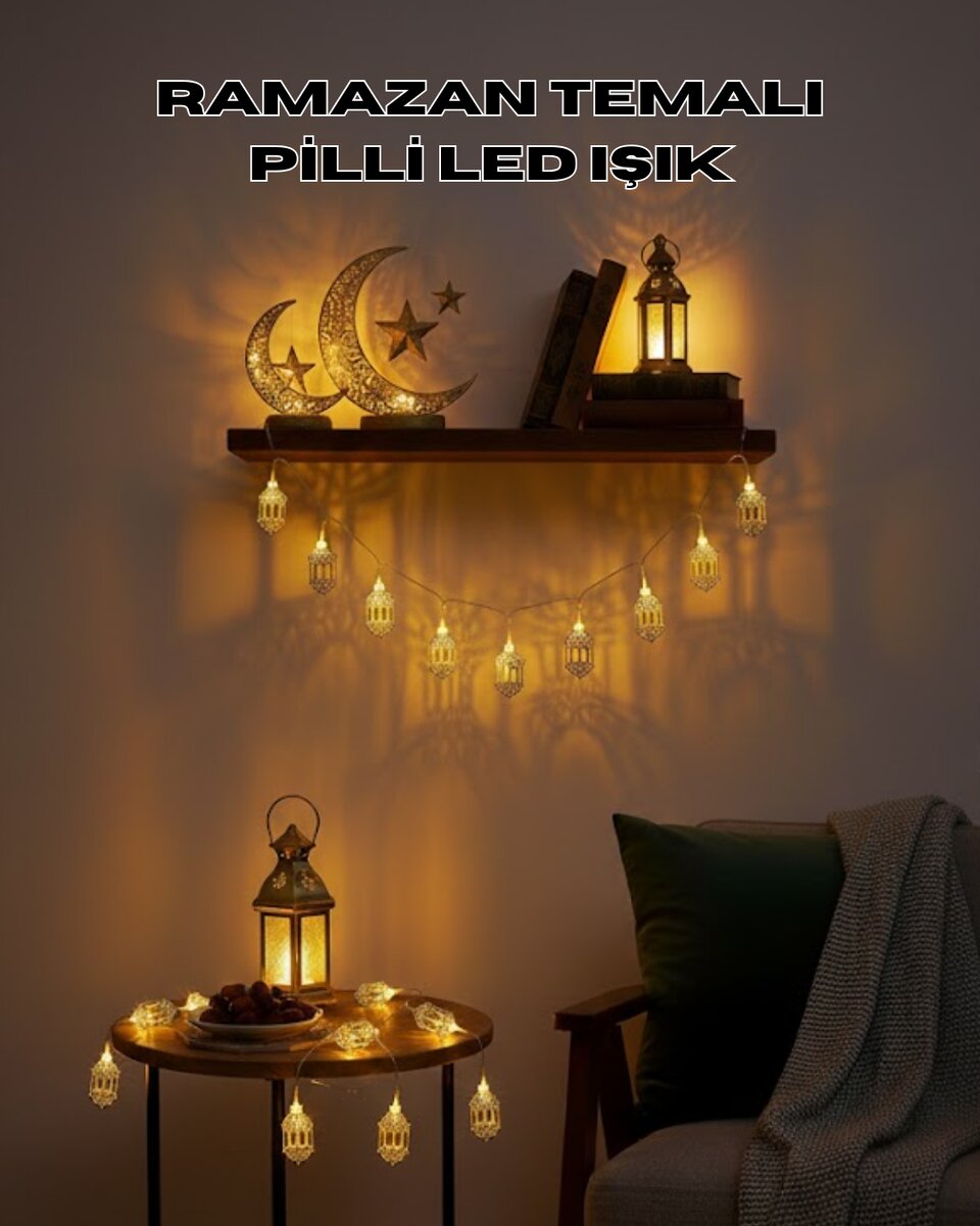 Altın Fener Detaylı Pilli Ramazan LED Işık Ev Dekorasyonu Altın Fener Detaylı Pilli Ramazan LED Işık Ev Dekorasyonu
