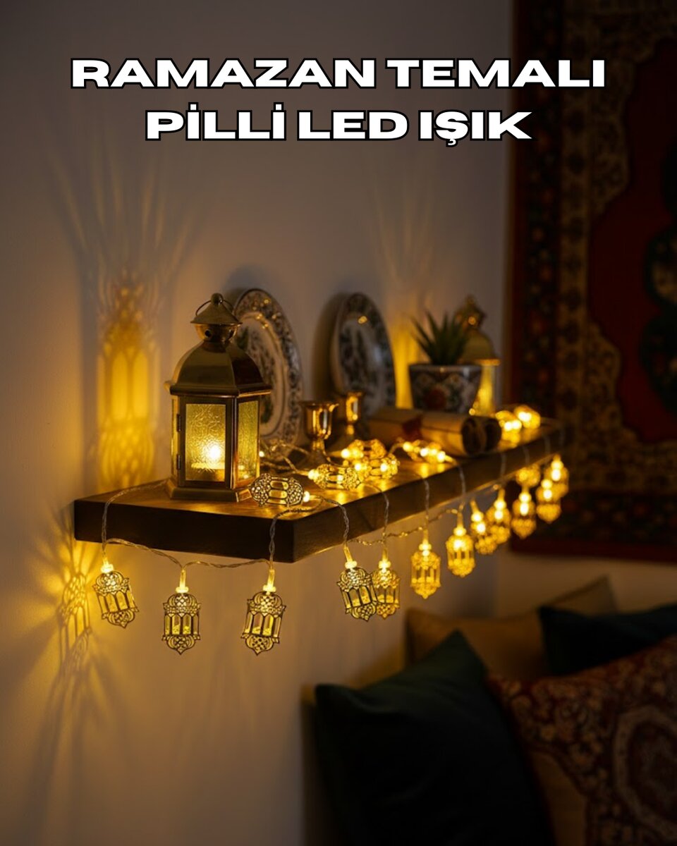 Pilli Altın Fenerli Ramazan Işıkları Dekoratif LED Zincir Pilli Altın Fenerli Ramazan Işıkları Dekoratif LED Zincir