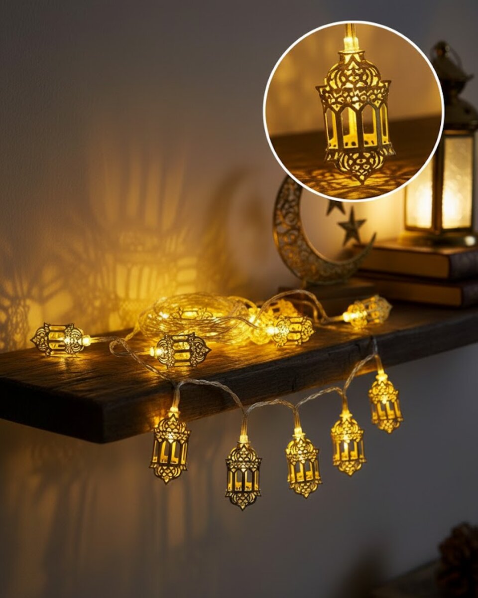 Pilli Altın Fenerli Ramazan Işıkları Dekoratif LED Zincir Pilli Altın Fenerli Ramazan Işıkları Dekoratif LED Zincir