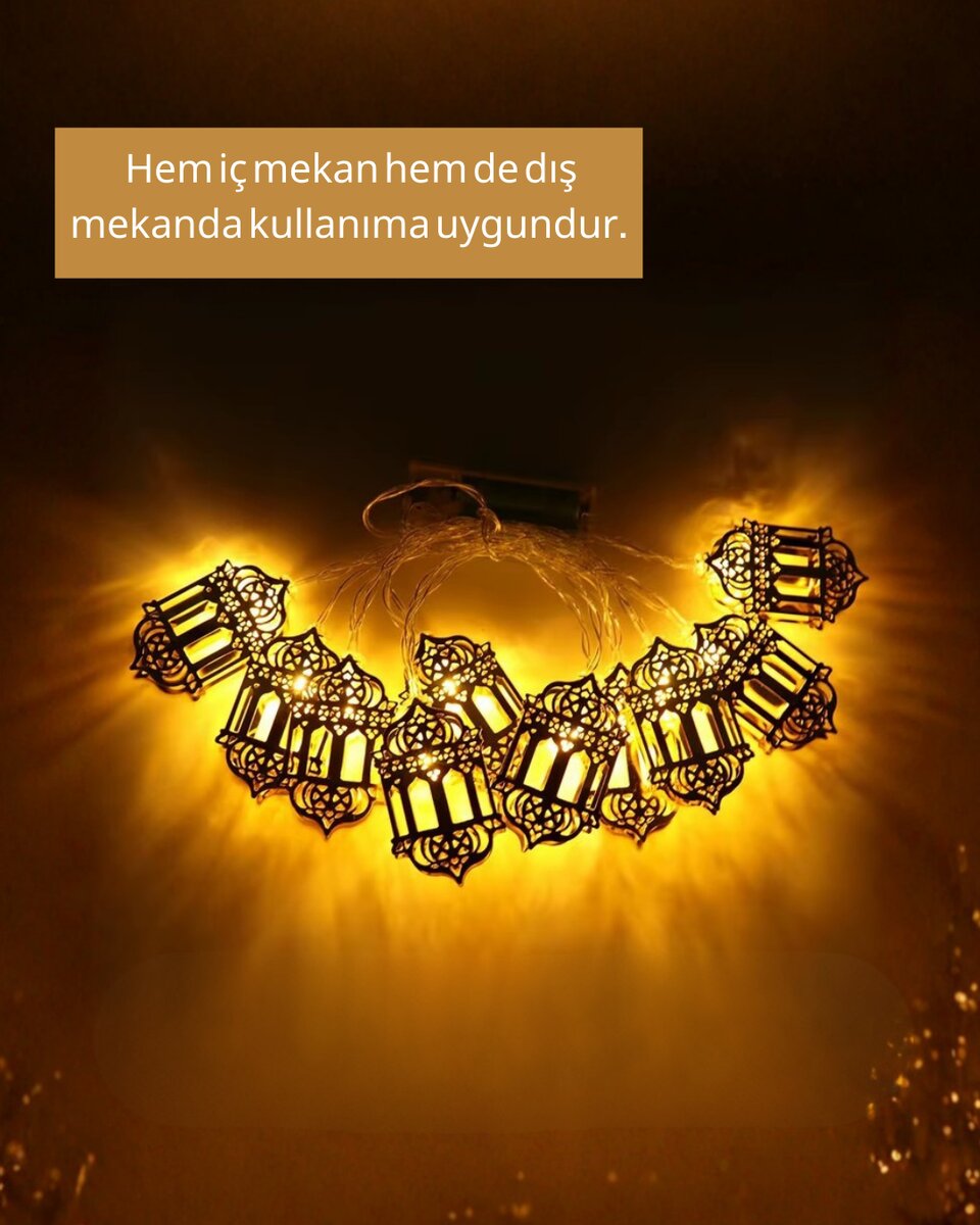 Pilli Altın Fenerli Ramazan Işıkları Dekoratif LED Zincir Pilli Altın Fenerli Ramazan Işıkları Dekoratif LED Zincir