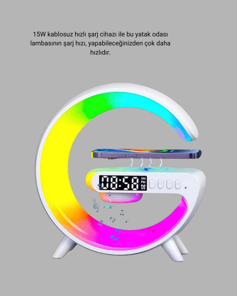 Kablosuz Şarjlı Atmosfer Lambası Bluetooth Hoparlör ve Akıllı Alarm Özellikli Kablosuz Şarjlı Atmosfer Lambası Bluetooth Hoparlör ve Akıllı Alarm Özellikli