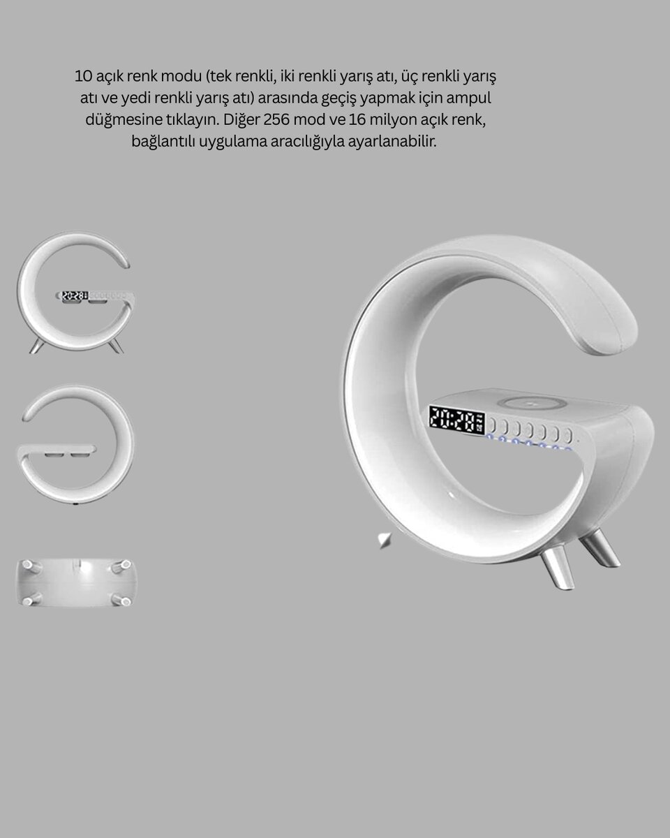 Bluetooth Hoparlörlü RGB Atmosfer Lambası Kablosuz Şarj ve Saat Özellikli Bluetooth Hoparlörlü RGB Atmosfer Lambası Kablosuz Şarj ve Saat Özellikli