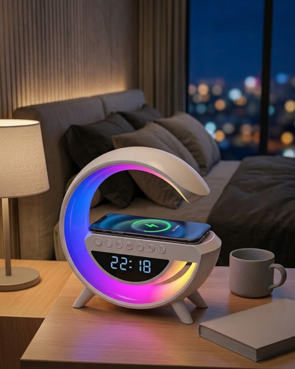 Kablosuz Şarjlı LED Işıklı Masa Saati Bluetooth Hoparlör Alarm Fonksiyonlu Kablosuz Şarjlı LED Işıklı Masa Saati Bluetooth Hoparlör Alarm Fonksiyonlu