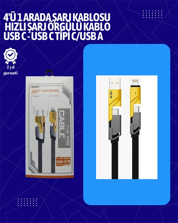 USB-C ve Lightning Uyumlu 4'ü 1 Arada Kablo – 65W Hızlı Şarj, Örgülü Dayanıklı Yapı USB-C ve Lightning Uyumlu 4'ü 1 Arada Kablo – 65W Hızlı Şarj, Örgülü Dayanıklı Yapı