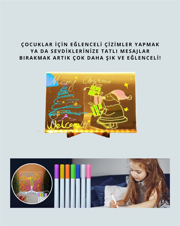 Şık ve Modern LED Pano – Neon Işıklı Silinebilir Akrilik Yazı Tahtası, 7 Renkli Kalem Dahil