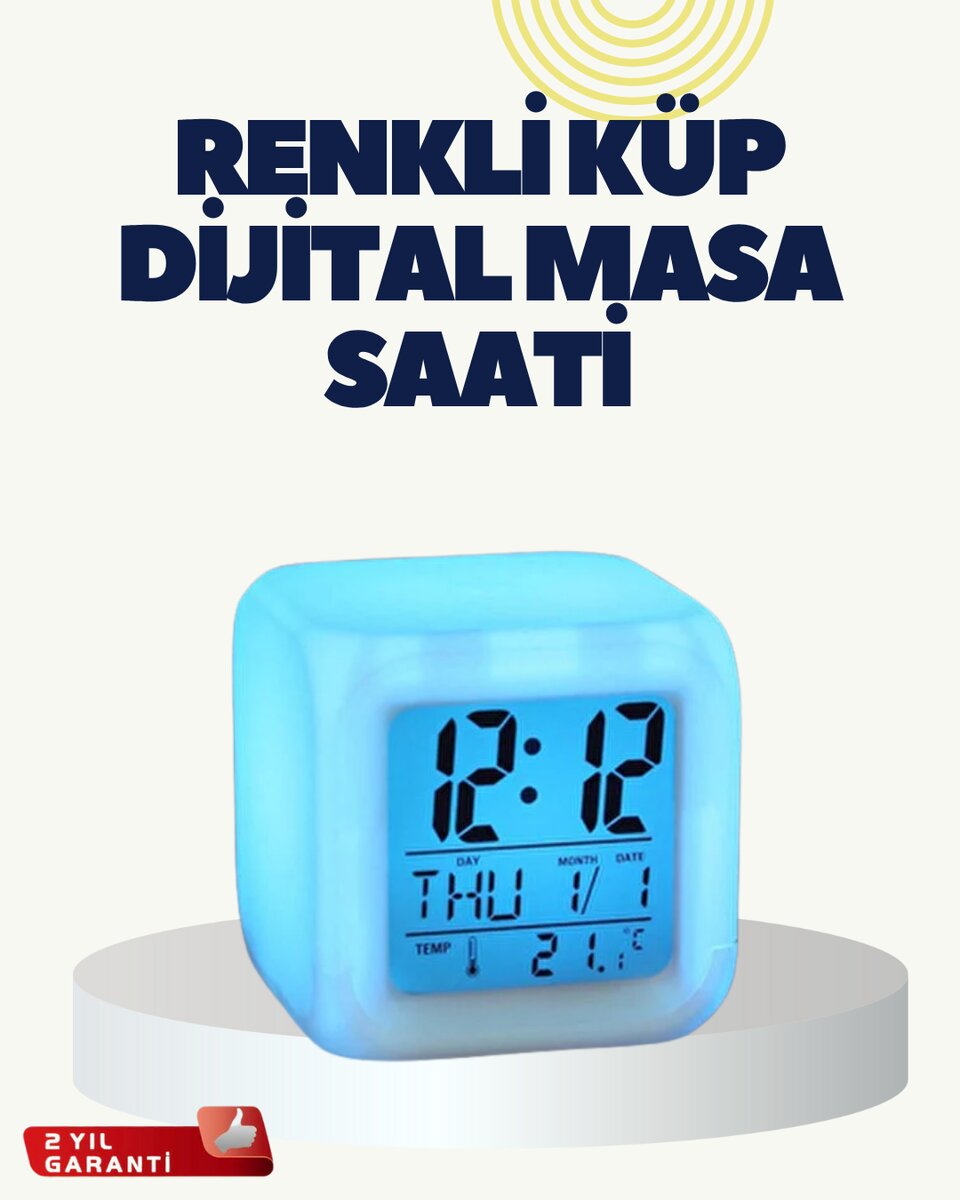 Termometre ve Takvim Özellikli 7 Renk Değiştiren Küp Alarm Saati Termometre ve Takvim Özellikli 7 Renk Değiştiren Küp Alarm Saati
