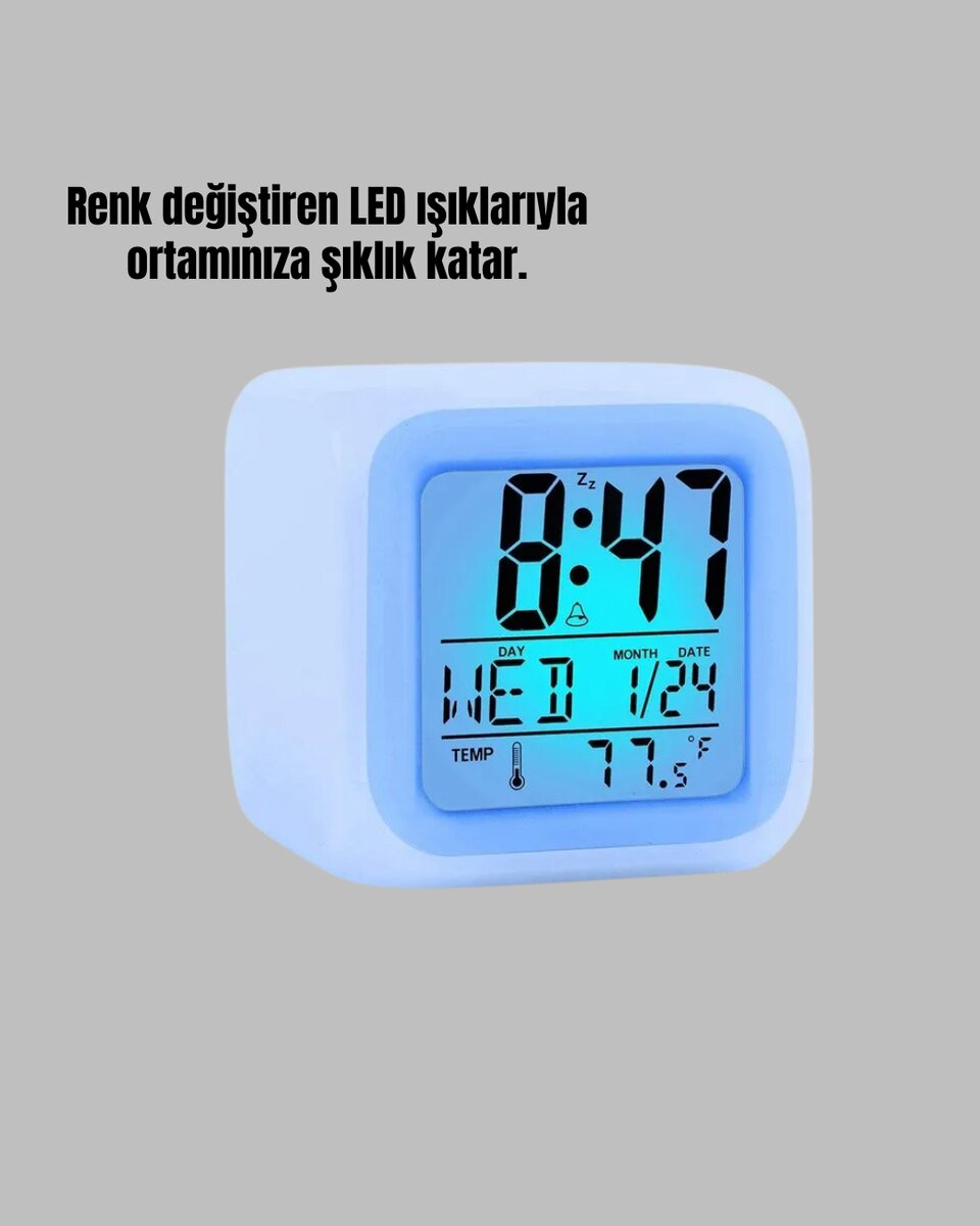 Renk Değiştiren LED Alarmlı Dijital Küp Masa Saati Renk Değiştiren LED Alarmlı Dijital Küp Masa Saati