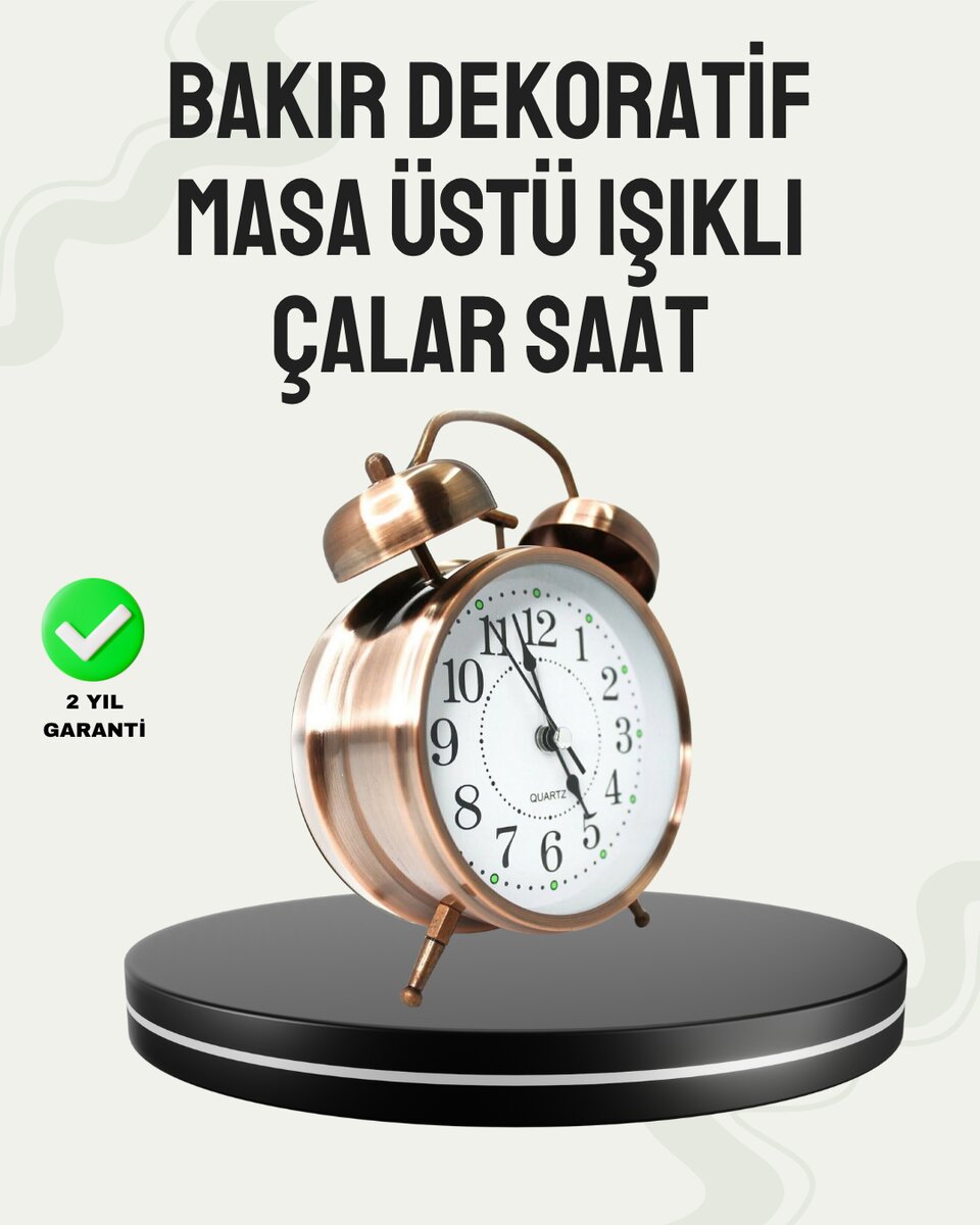 Nostaljik Büyük Boy Metal Masa Saati Bronz Kaplama ve Yüksek Sesli Alarm
