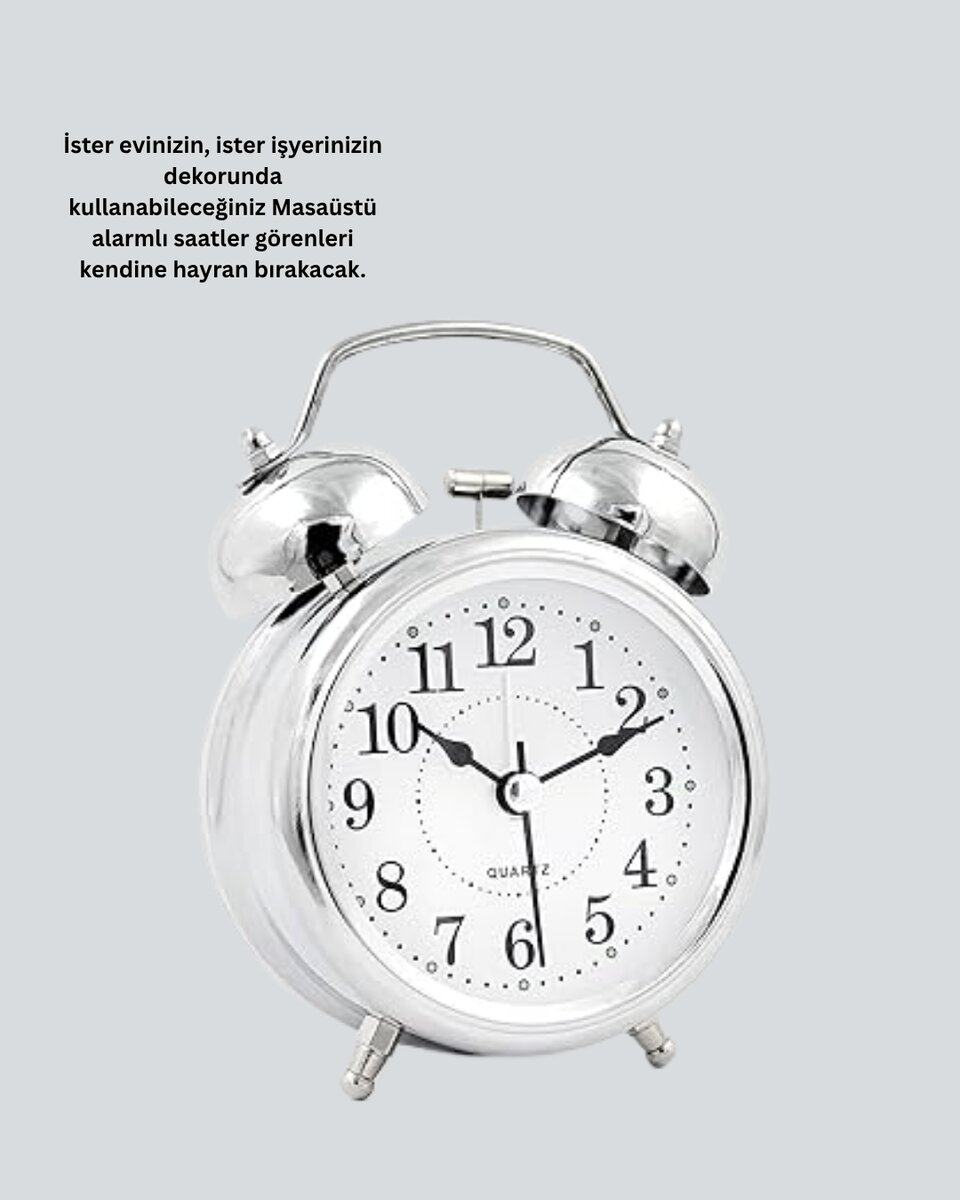 Alarmlı Dekoratif Yuvarlak Masa Saati Gümüş Renk Sessiz ve Işıklı Alarmlı Dekoratif Yuvarlak Masa Saati Gümüş Renk Sessiz ve Işıklı