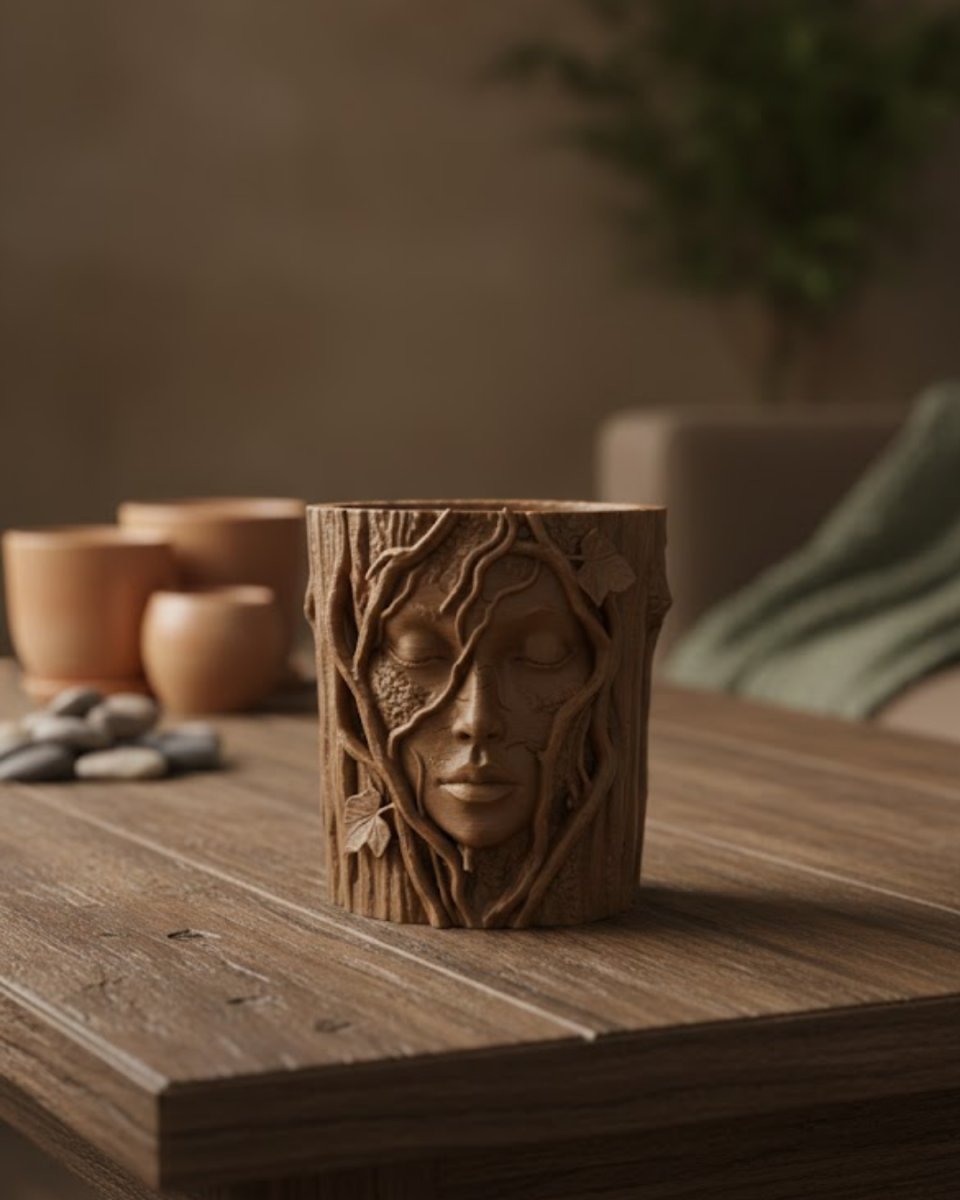 Doğa Temalı Yüz Detaylı Dekoratif Vazo 3D Ağaç Desenli Şık Saksı