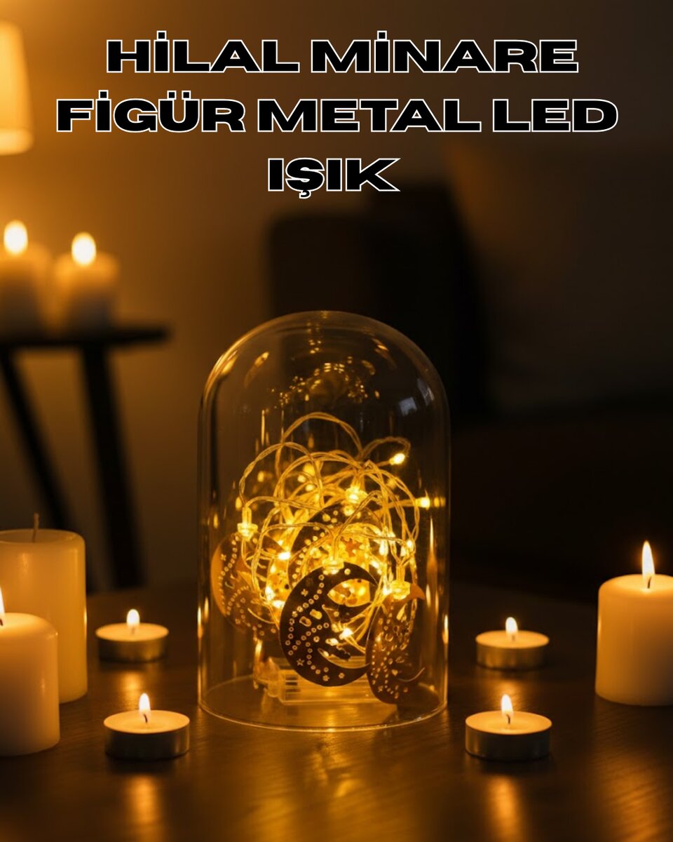 Ramazan Minare Detaylı Hilal LED Işık Günışığı Sarı Metal Süs Ramazan Minare Detaylı Hilal LED Işık Günışığı Sarı Metal Süs