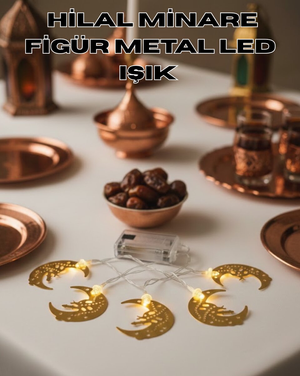 Minareli Hilal LED Işık Gold Metal Gövdeli Pilli Ramazan Dekoru Minareli Hilal LED Işık Gold Metal Gövdeli Pilli Ramazan Dekoru