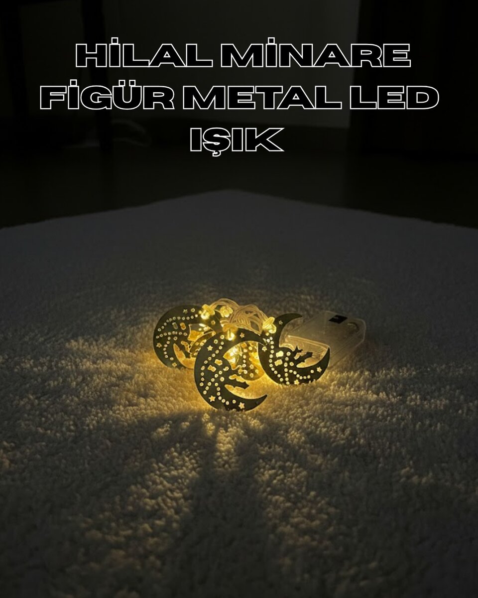 Gold Renk Metal Minareli Hilal LED Işık Pilli Ramazan Süsü Gold Renk Metal Minareli Hilal LED Işık Pilli Ramazan Süsü