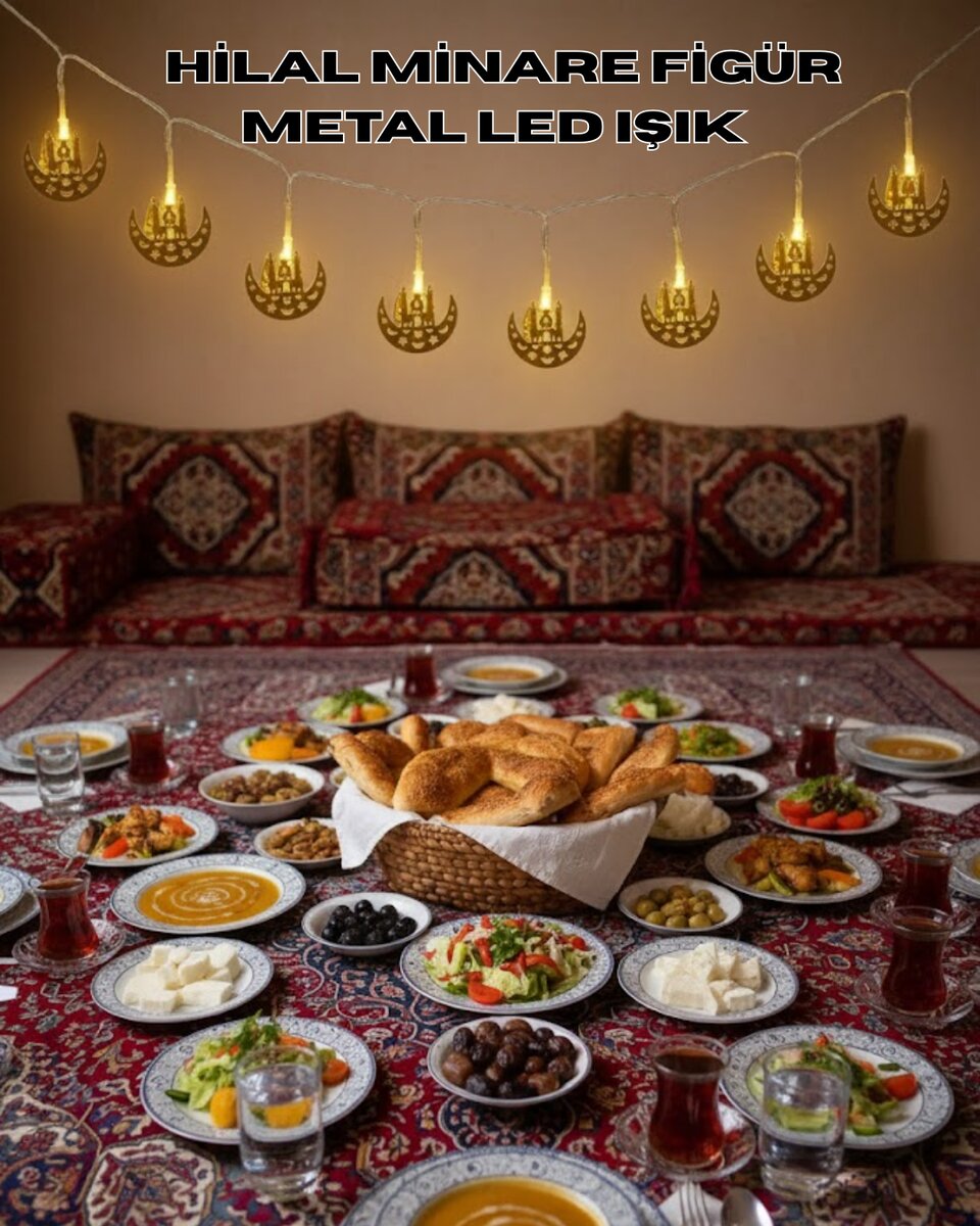 Pilli Minareli Hilal LED Işık Gold Metal Ramazan Dekorasyonu Pilli Minareli Hilal LED Işık Gold Metal Ramazan Dekorasyonu