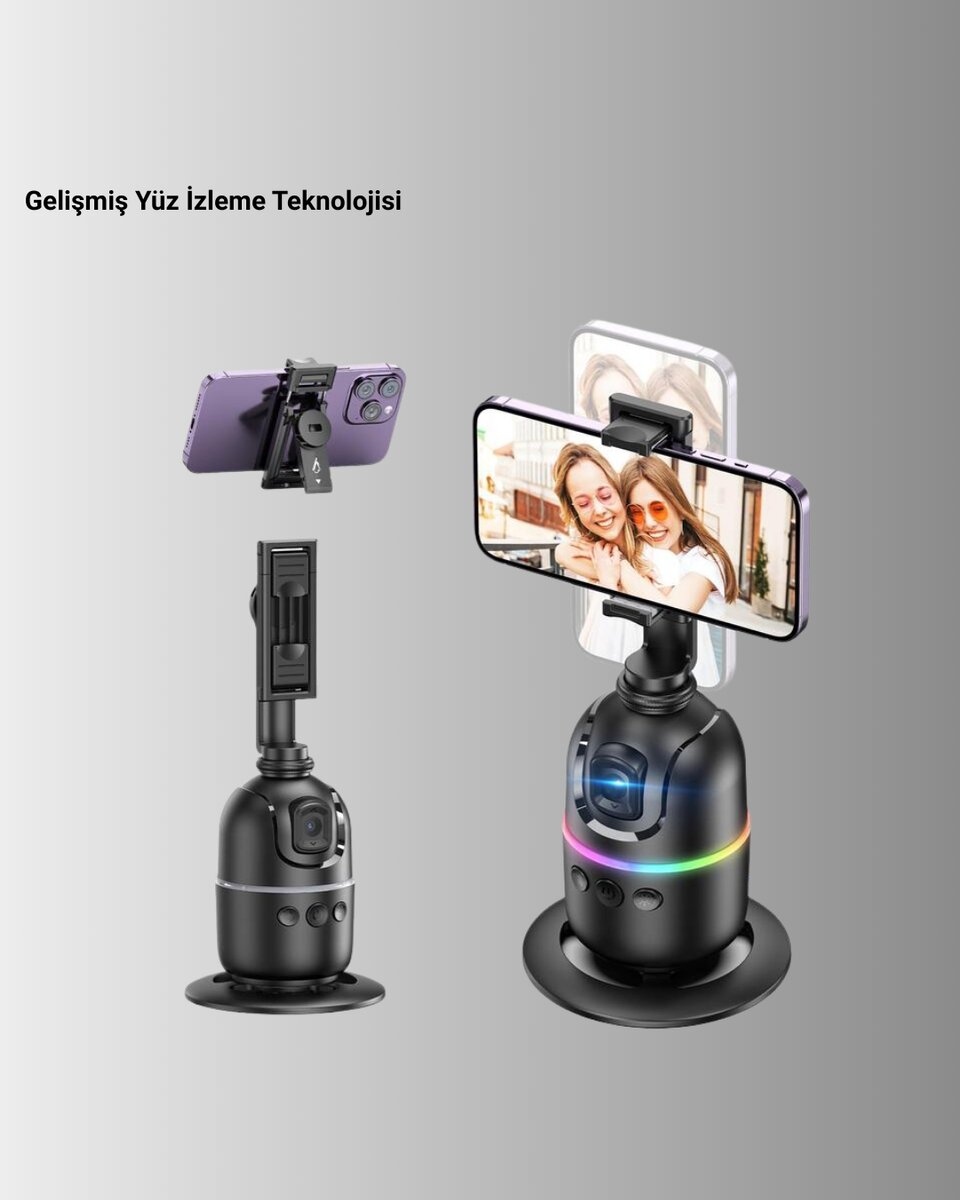 Yapay Zeka Destekli Yüz Takip Özellikli 360 Derece Dönen Masaüstü Telefon Sabitleyici Yapay Zeka Destekli Yüz Takip Özellikli 360 Derece Dönen Masaüstü Telefon Sabitleyici