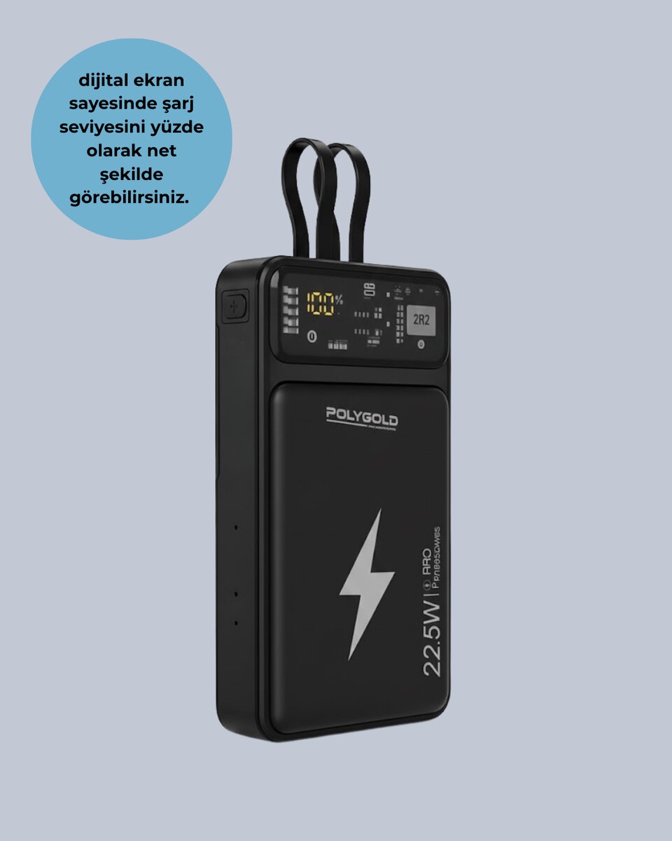Powerbank Dahili Ekranlı 10000 mAh Çift Kablolu