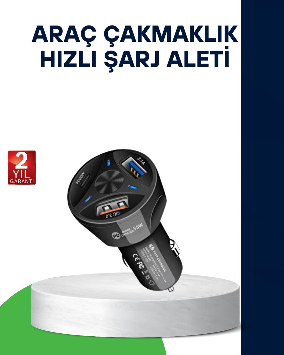 55W Hızlı Araç Şarj Cihazı Quick Charge 3.0 ve PD Destekli 55W Hızlı Araç Şarj Cihazı Quick Charge 3.0 ve PD Destekli