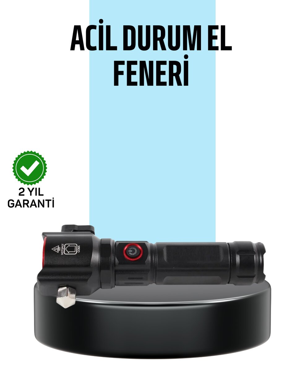 USB Şarjlı Çok Amaçlı El Feneri Çekiçli Pusulalı