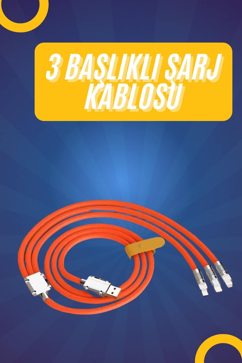 120W Silikon Metal Uçlu LED Işıklı 3 In1 Şarj Kablosu 1.2m