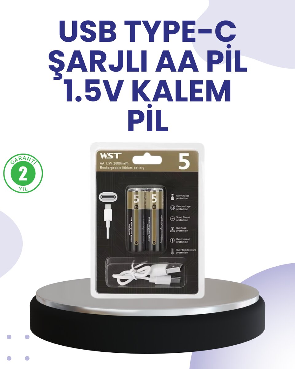 Type-C USB ile Hızlı Şarj Edilebilir AA Kalem Pil | 1.5V Lityum | Çiftli Paket Type-C USB ile Hızlı Şarj Edilebilir AA Kalem Pil | 1.5V Lityum | Çiftli Paket