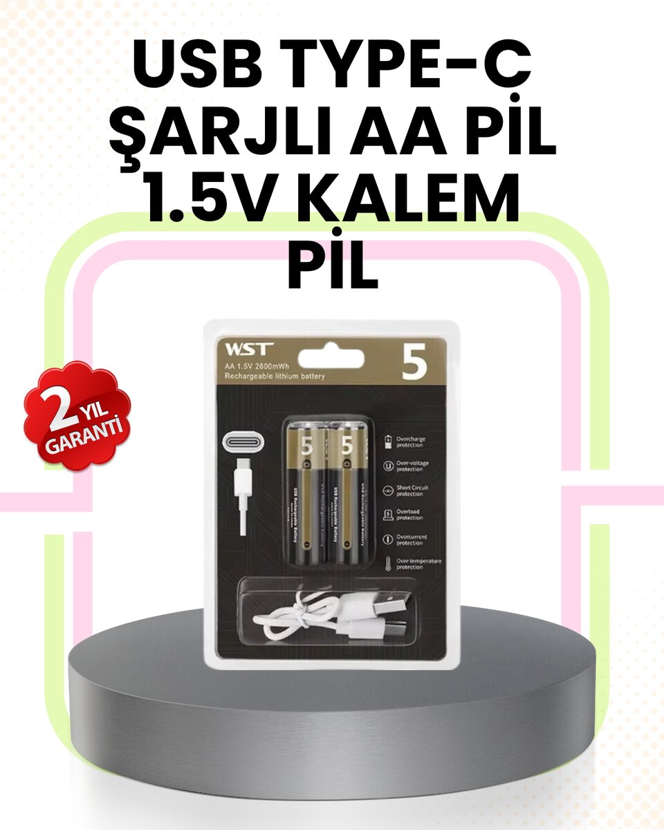 Tekrar Şarj Edilebilir AA USB Type-C Pil | 1000+ Döngü | 1.5V Sabit Voltaj Tekrar Şarj Edilebilir AA USB Type-C Pil | 1000+ Döngü | 1.5V Sabit Voltaj