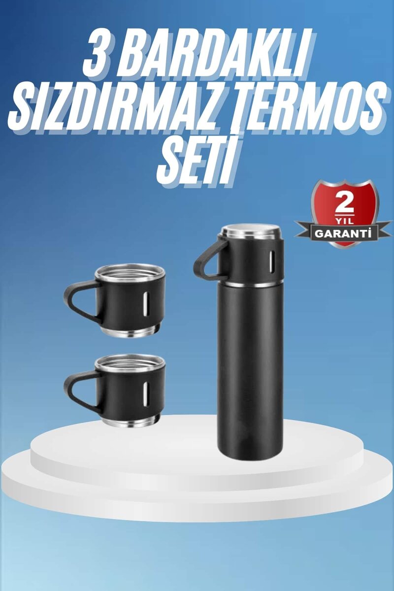 Termos Paslanmaz Çelik Termos Siyah Renk 3 Bardaklı Termos Seti Termos Paslanmaz Çelik Termos Siyah Renk 3 Bardaklı Termos Seti