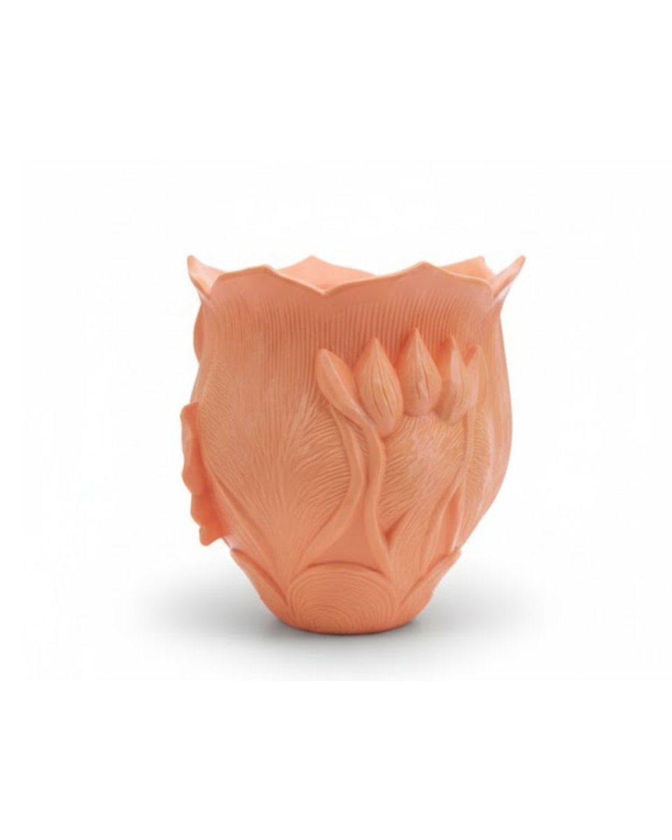 3D Kabartmalı Çiçek Motifli Turuncu Dekoratif Vazo