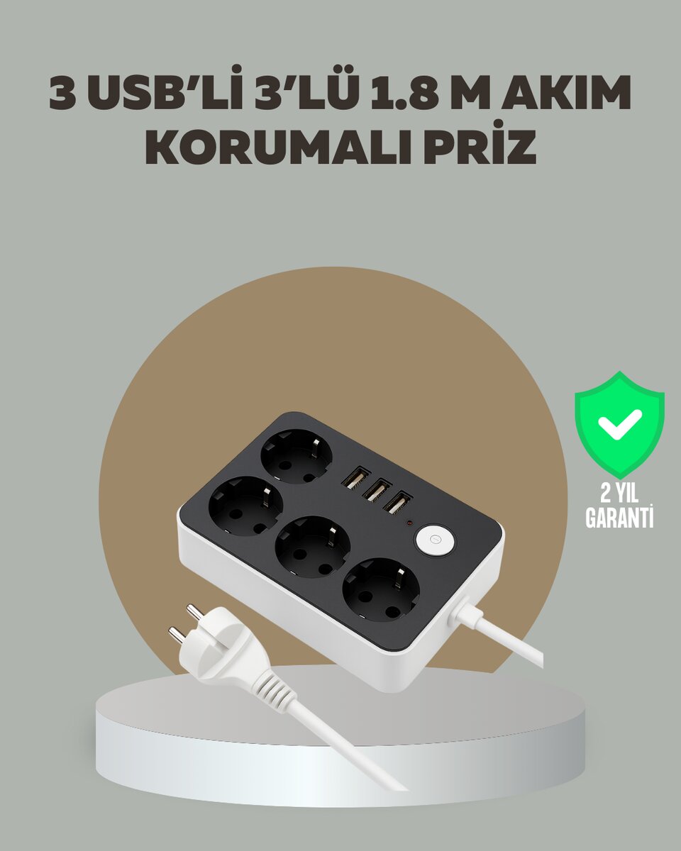 4 Prizli 3 USB Portlu Anahtarlı Akım Korumalı Priz 4 Prizli 3 USB Portlu Anahtarlı Akım Korumalı Priz