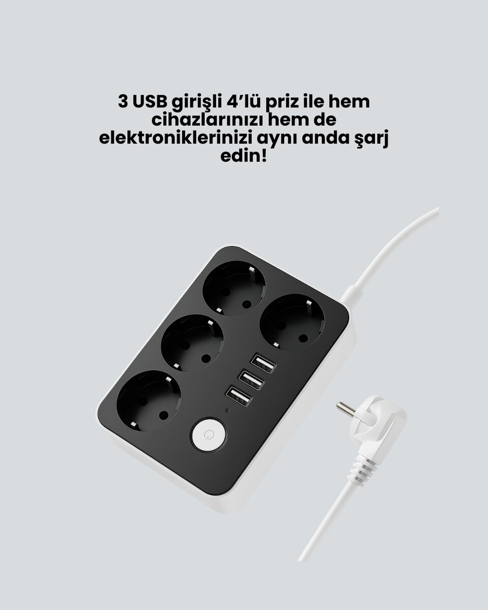4 Prizli 3 USB Portlu Anahtarlı Akım Korumalı Priz 4 Prizli 3 USB Portlu Anahtarlı Akım Korumalı Priz