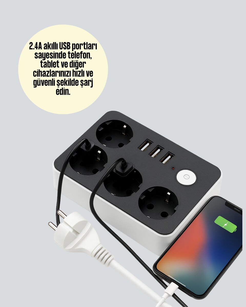 4.1A Hızlı Şarjlı Akım Korumalı 4 Priz ve 3 USB Çıkışlı Priz 4.1A Hızlı Şarjlı Akım Korumalı 4 Priz ve 3 USB Çıkışlı Priz