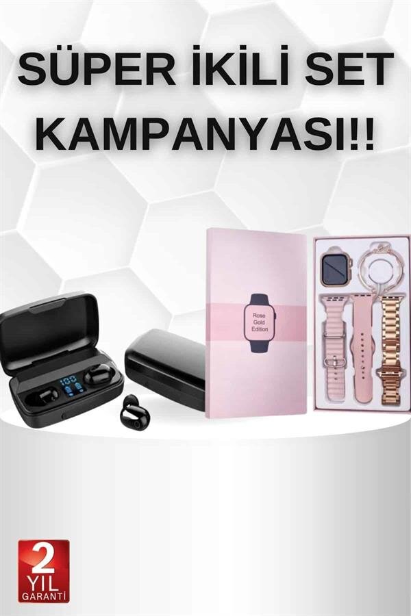 Wireless Şarjlı Pembe Akıllı Saat ve Kablosuz Bluetooth Kulaklık Dokunmatik Kontrol Wireless Şarjlı Pembe Akıllı Saat ve Kablosuz Bluetooth Kulaklık Dokunmatik Kontrol
