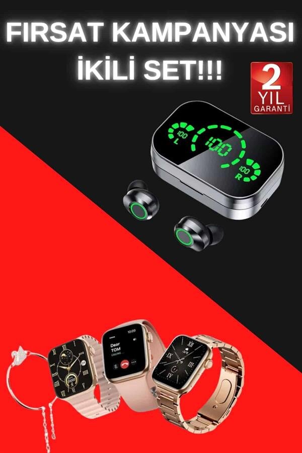 Yeni Nesil Kaliteli Akıllı Saat ve Kablosuz Bluetooth Kulaklık Yüksek Ses Kaliteli Yeni Nesil Kaliteli Akıllı Saat ve Kablosuz Bluetooth Kulaklık Yüksek Ses Kaliteli