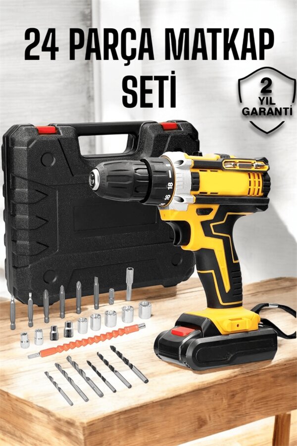 Çift Bataryalı Metal Dişli Darbeli Şarjlı Matkap Seti 24W Güç ve 24 Parça Aksesuar Çift Bataryalı Metal Dişli Darbeli Şarjlı Matkap Seti 24W Güç ve 24 Parça Aksesuar