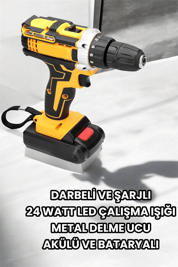 Metal Dişli 24W Akülü Matkap -Çift Bataryalı ve LED Çalışma Işığı ile Tam Set Metal Dişli 24W Akülü Matkap -Çift Bataryalı ve LED Çalışma Işığı ile Tam Set