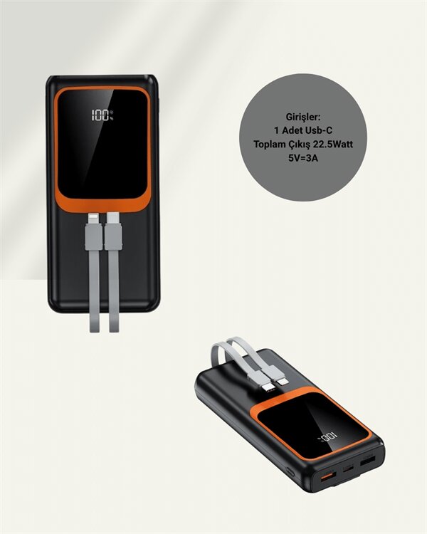 Taşınabilir Şarj Cihazı 20000 mAh | 22.5W Hızlı Şarj + Dijital Ekran + Kablo Dahil Taşınabilir Şarj Cihazı 20000 mAh | 22.5W Hızlı Şarj + Dijital Ekran + Kablo Dahil