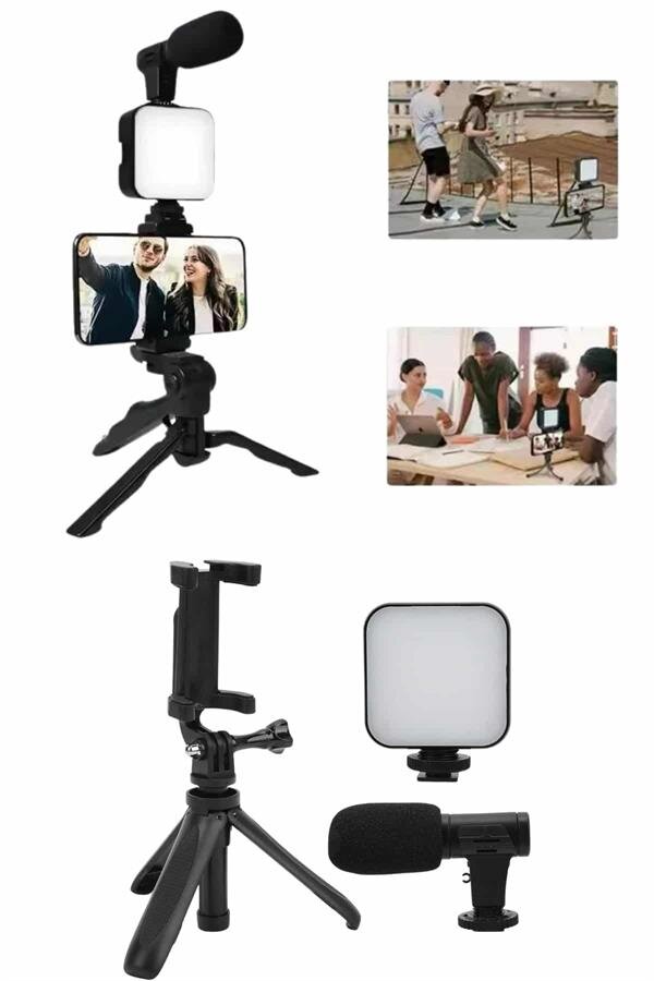 Telefon Tutucu Mini Mikrofonlu Tripod Vlog Çekim Video Telefon Tutucu Mini Mikrofonlu Tripod Vlog Çekim Video