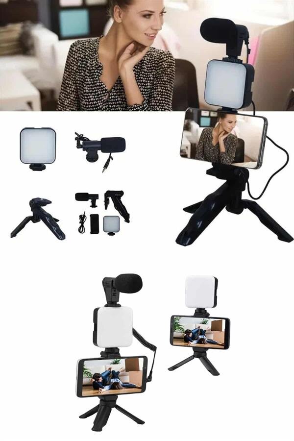 Telefon Tutucu Mikrofonlu Işıklı Youtuber Video Kayıt Telefon Tutucu Mikrofonlu Işıklı Youtuber Video Kayıt