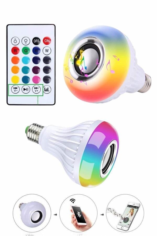 Kumandalı RGB Led Işık Bluetooth Hoparlör Ses Lambası Renkli Ampul Kumandalı RGB Led Işık Bluetooth Hoparlör Ses Lambası Renkli Ampul