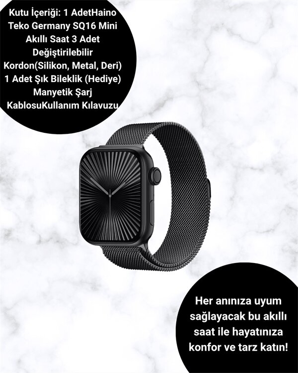 SQ-16 Mini Series 10 Akıllı Saat | Şık ve Hafif Tasarım, 3 Kordon Seçeneği