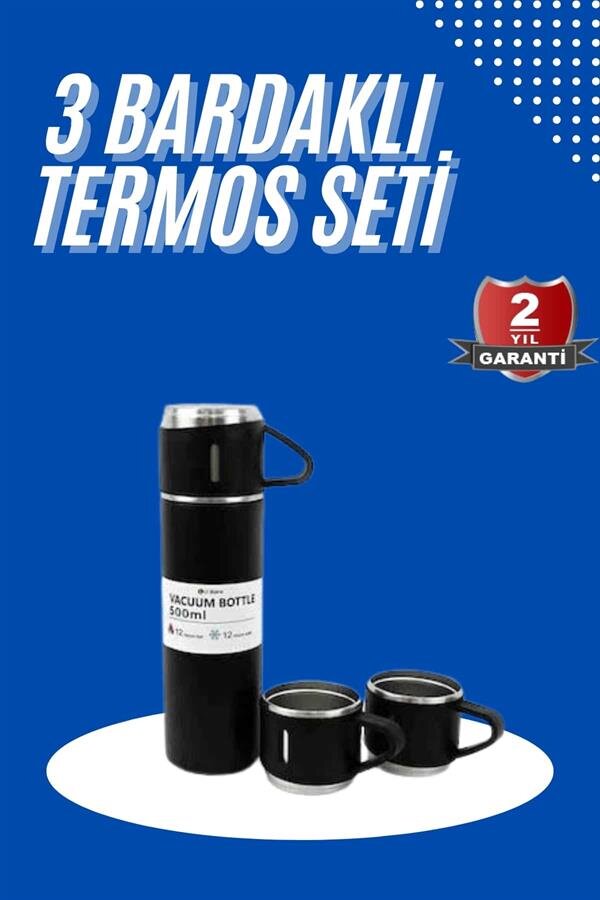 Termos Seti 3'lü Bardak Seti Isı Dayanıklı Siyah Paslanmaz Çelik Vakumlu Termos Seti 3'lü Bardak Seti Isı Dayanıklı Siyah Paslanmaz Çelik Vakumlu