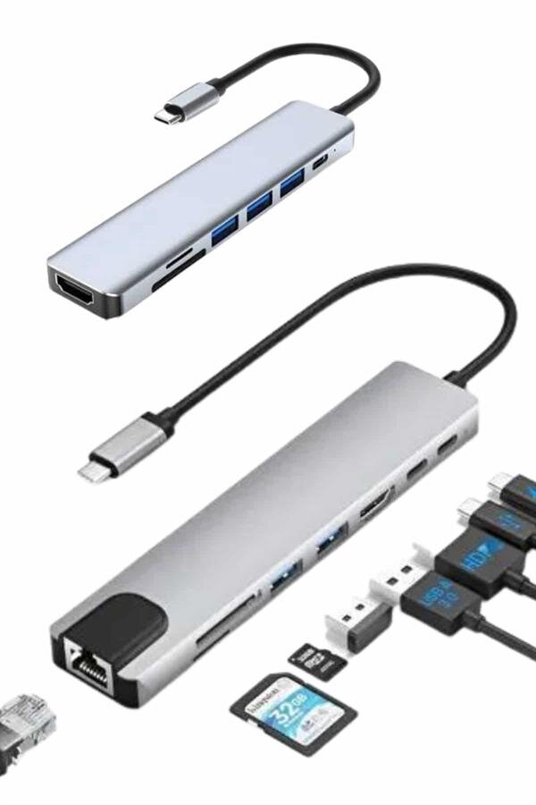 8 Port Çoklayıcı Macbook Ile Uyumlu Çoğaltıcı Type-C dönüştürücü TF SD kart 8 Port Çoklayıcı Macbook Ile Uyumlu Çoğaltıcı Type-C dönüştürücü TF SD kart