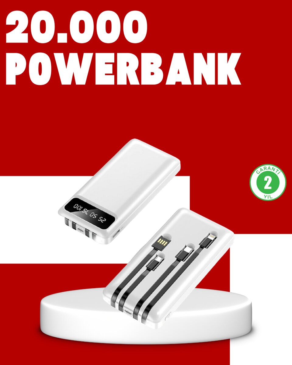 20.000mAh PD Powerbank LED Işık LCD Ekran Dahili Kablo Çoklu Giriş 20.000mAh PD Powerbank LED Işık LCD Ekran Dahili Kablo Çoklu Giriş