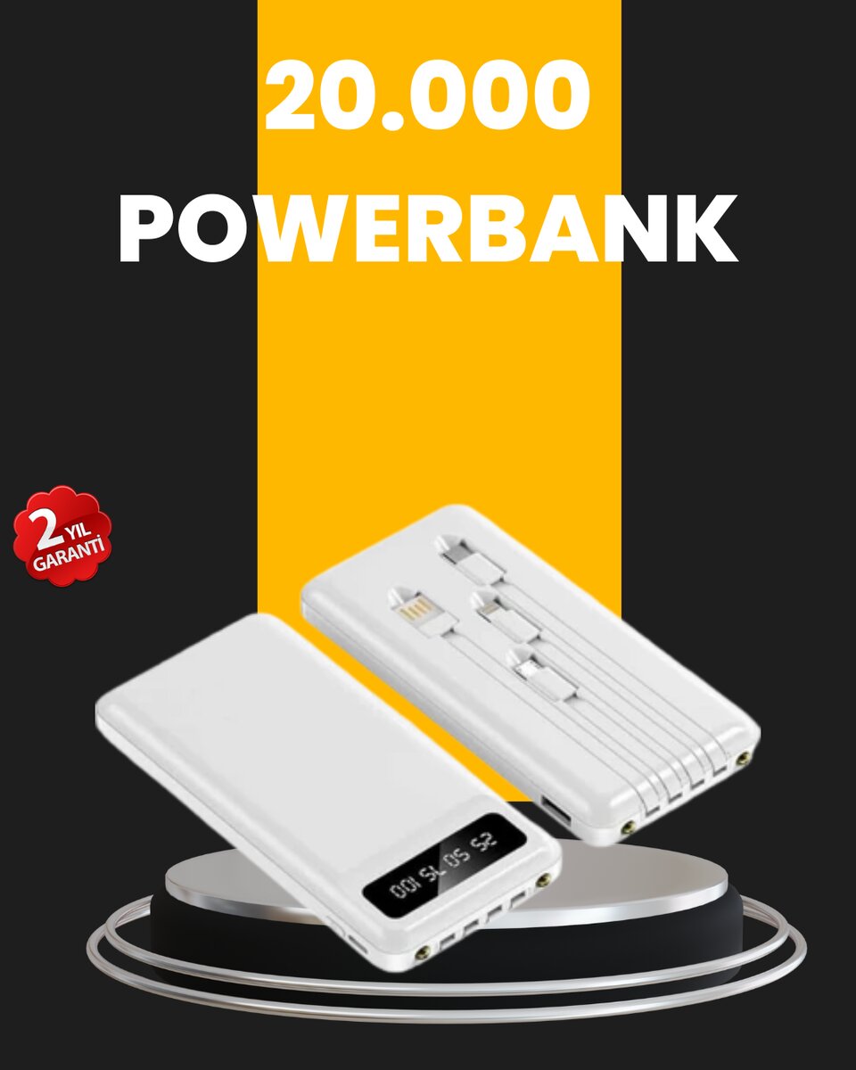 LED Işıklı 20.000mAh Powerbank LCD Gösterge Dahili Çoklu Kablo LED Işıklı 20.000mAh Powerbank LCD Gösterge Dahili Çoklu Kablo