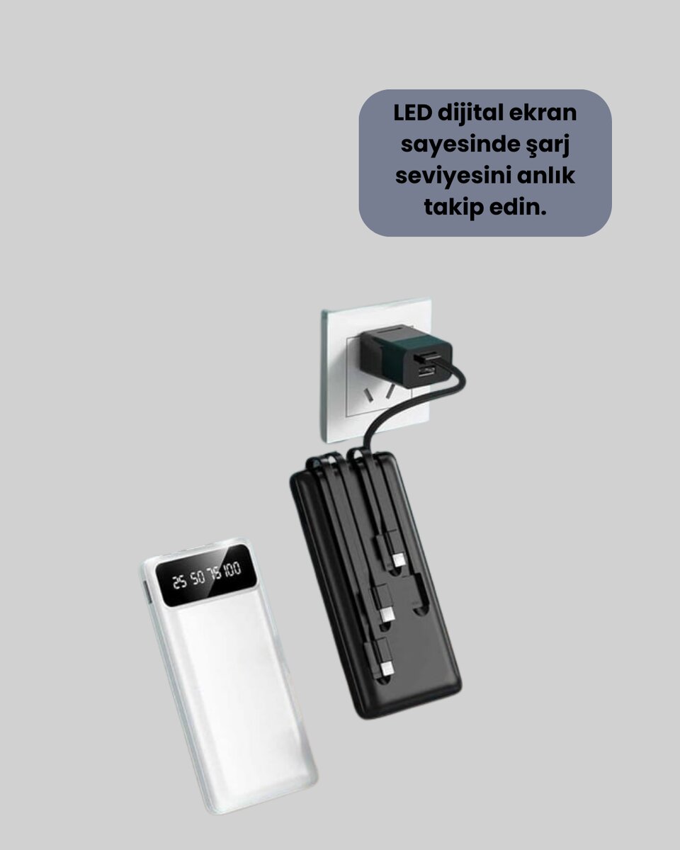 20.000mAh PD Powerbank LED Işık LCD Ekran Dahili Kablo Çoklu Giriş 20.000mAh PD Powerbank LED Işık LCD Ekran Dahili Kablo Çoklu Giriş